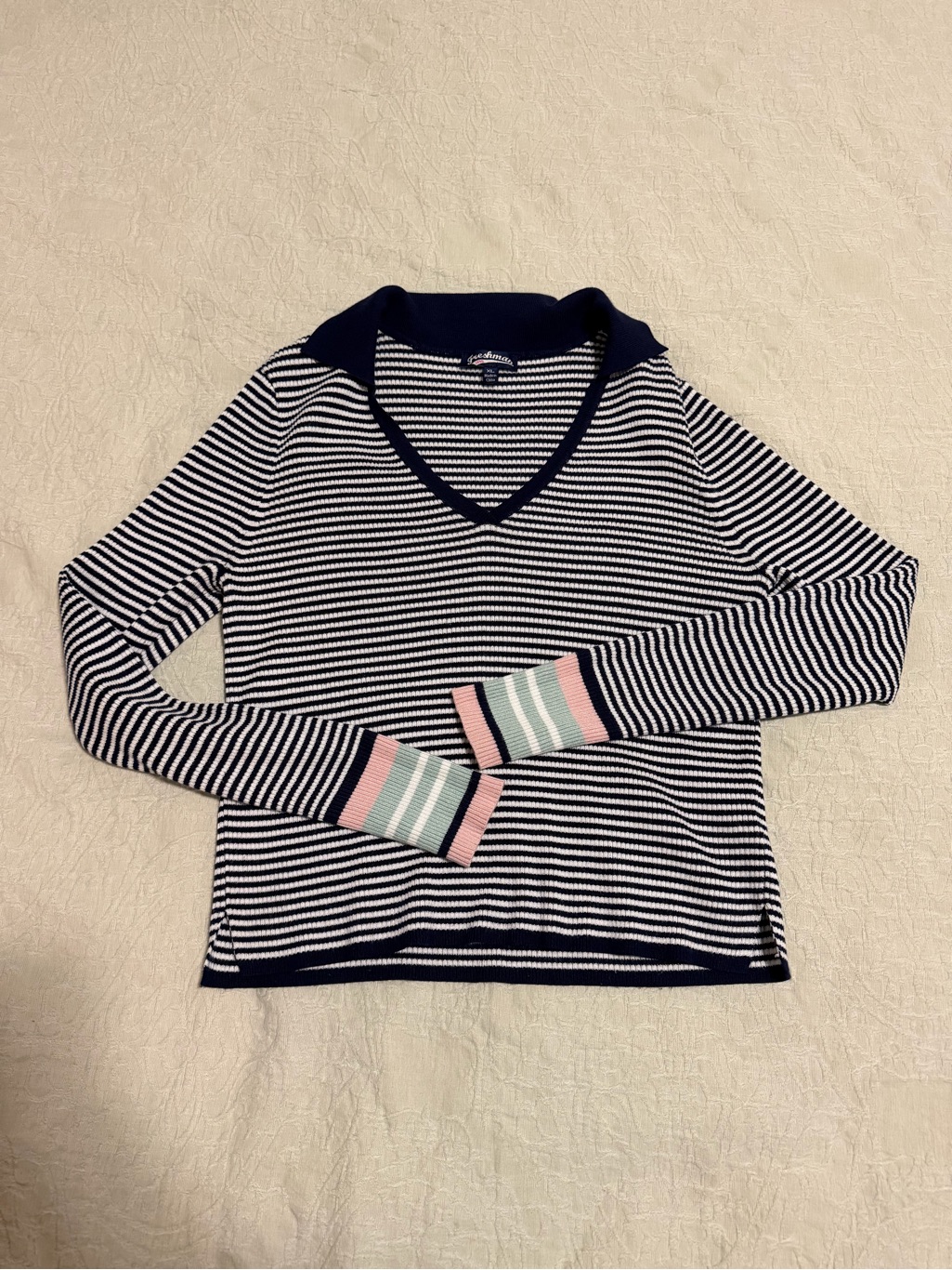 Freshman Navy And White Striped Vneck Sweater